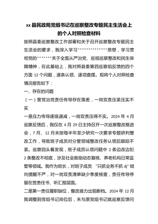 县民政局党组书记在巡察整改专题民主生活会上的个人对照检查材料