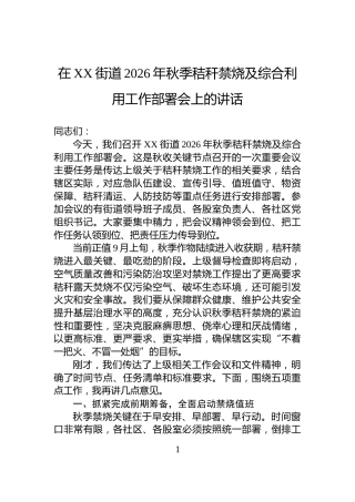 在XX街道2026年秋季秸秆禁烧及综合利用工作部署会上的讲话