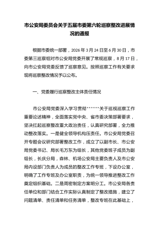 市公安局委员会关于五届市委第六轮巡察整改进展情况的通报