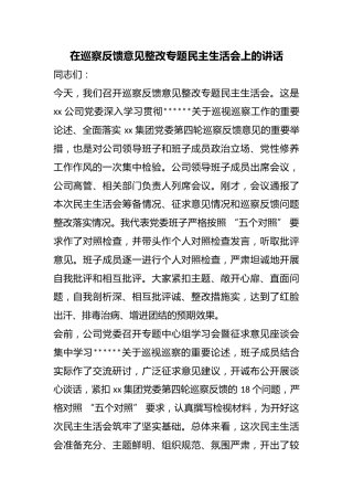在巡察反馈意见整改专题民主生活会上的讲话