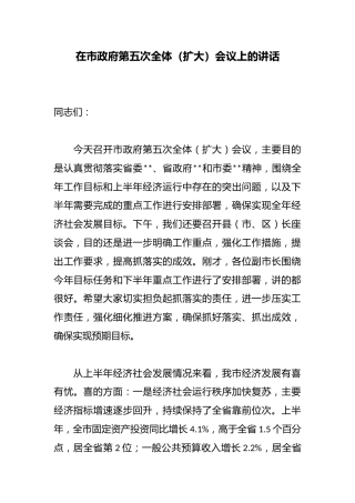 在市政府第五次全体（扩大）会议上的讲话