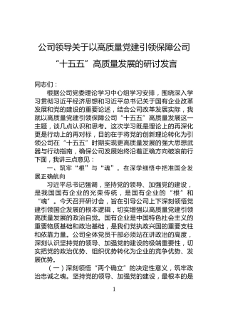 公司领导关于以高质量党建引领保障公司“十五五”高质量发展的研讨发言