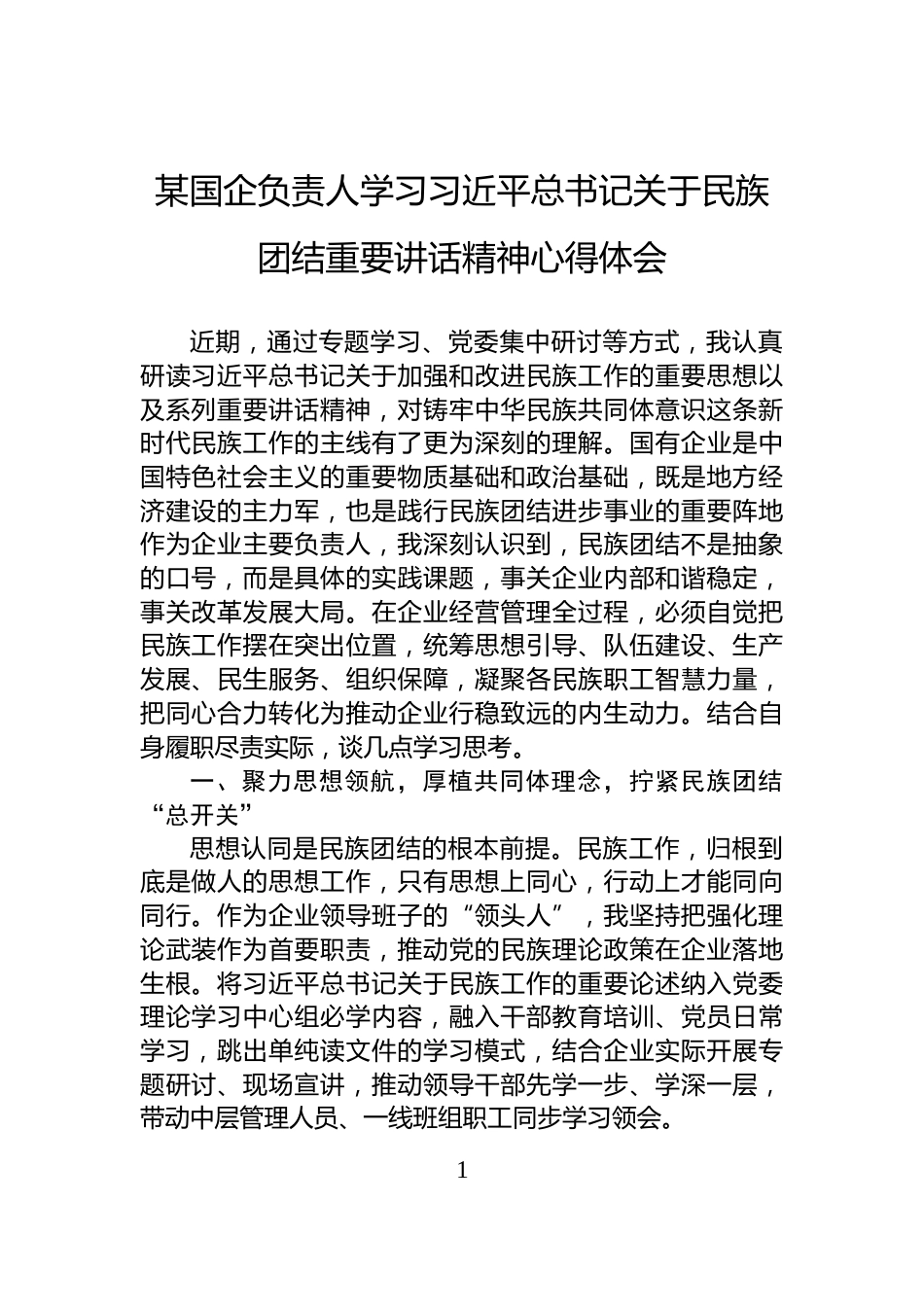 某国企负责人学习习近平总书记关于民族团结重要讲话精神心得体会_第1页