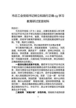 市总工会党组书记树立和践行正确zjg学习教育研讨发言材料