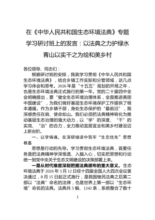 在《中华人民共和国生态环境法典》专题学习研讨班上的发言：以法典之力护绿水青山以实干之为绘和美乡村