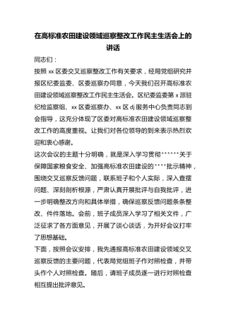 在高标准农田建设领域巡察整改工作民主生活会上的讲话