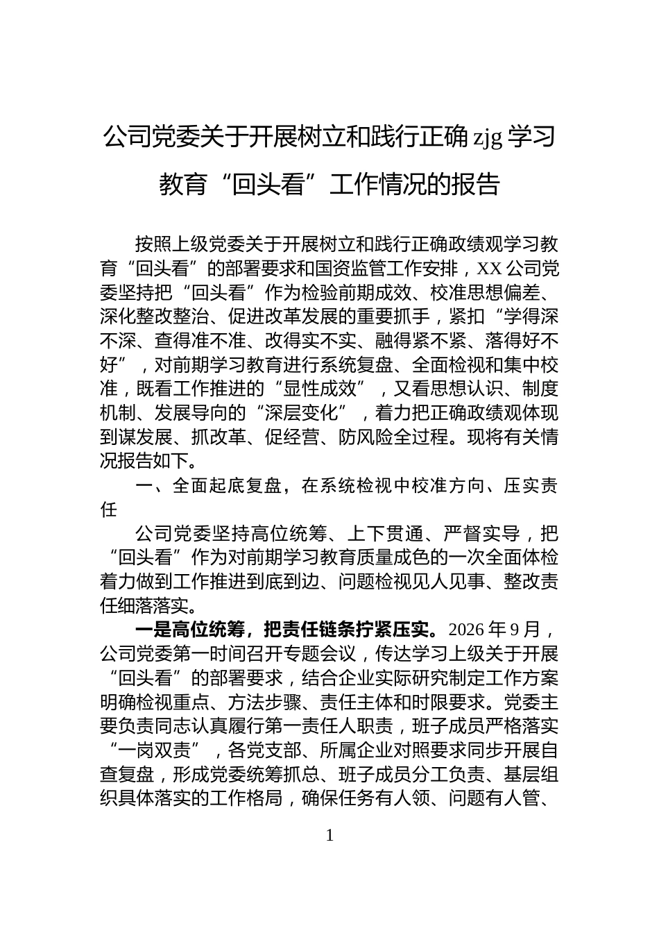 公司党委关于开展树立和践行正确zjg学习教育“回头看”工作情况的报告_第1页