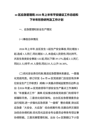 区应急管理局2026年上半年平安建设工作总结和下半年形势研判及工作计划