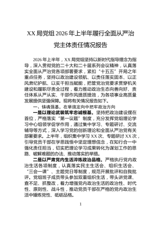 XX局党组2026年上半年履行全面从严治党主体责任情况报告