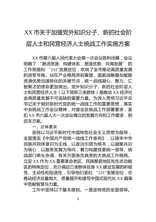 XX市关于加强党外知识分子、新的社会阶层人士和民营经济人士统战工作实施方案