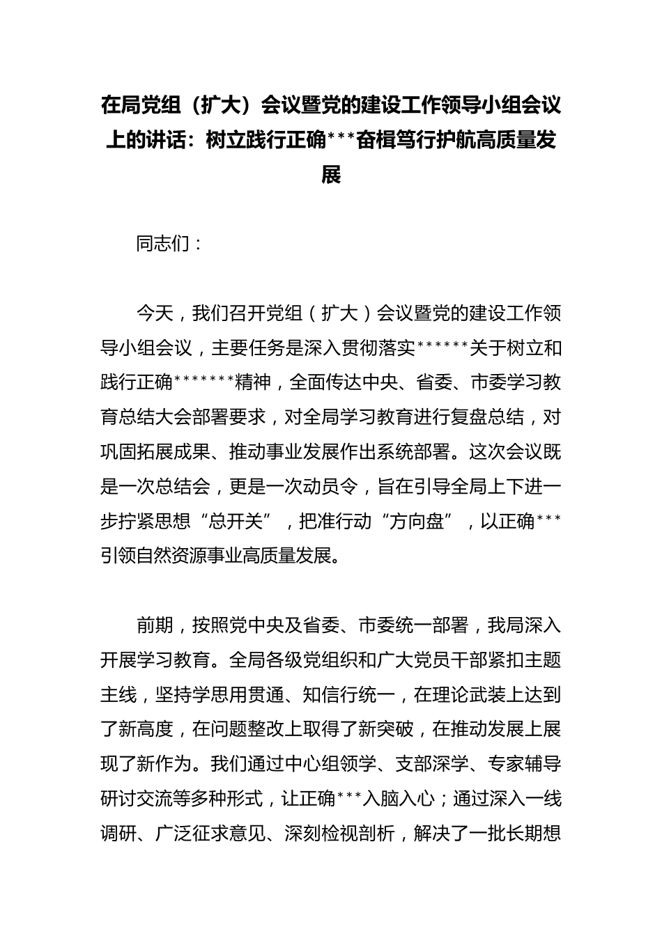 在局党组（扩大）会议暨X的建设工作领导小组会议上的讲话：树立践行正确政绩观奋楫笃行护航高质量发展_第1页
