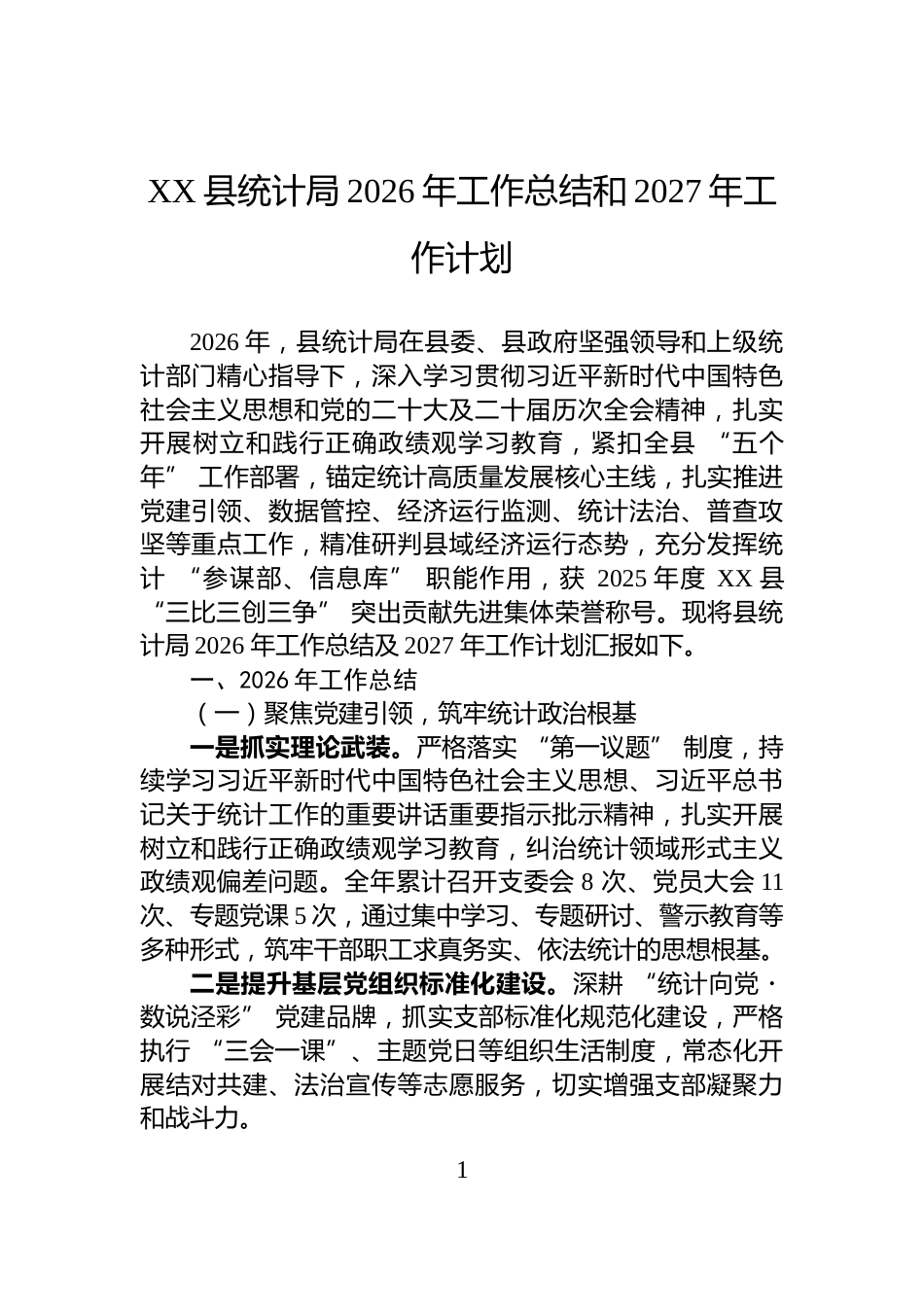 XX县统计局2026年工作总结和2027年工作计划_第1页