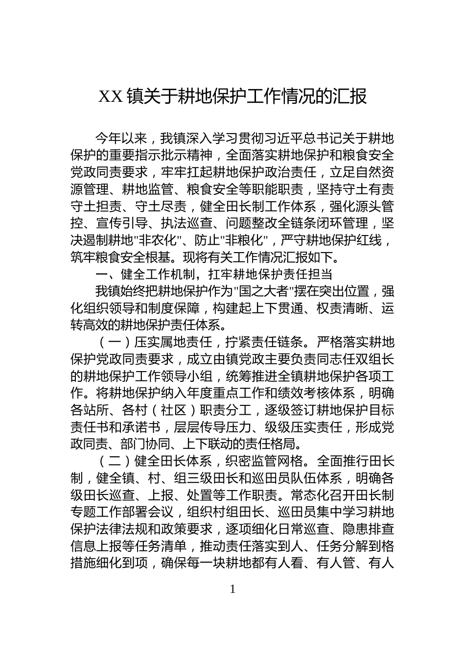 XX镇关于耕地保护工作情况的汇报_第1页