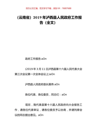 （云南省）2019年泸西县人民政府工作报告（全文）.doc