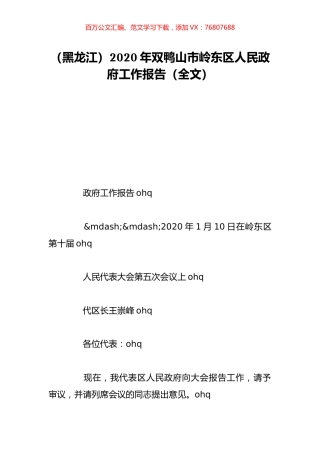 （黑龙江）2020年双鸭山市岭东区人民政府工作报告（全文）.doc