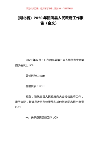 （湖北省）2020年团风县人民政府工作报告（全文）.doc