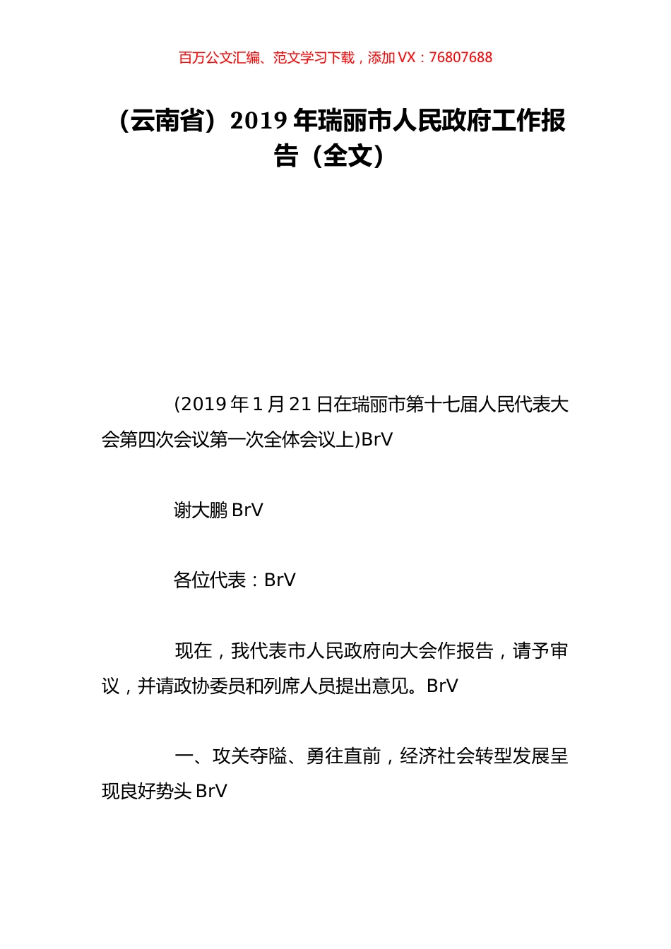 （云南省）2019年瑞丽市人民政府工作报告（全文）.doc_第1页