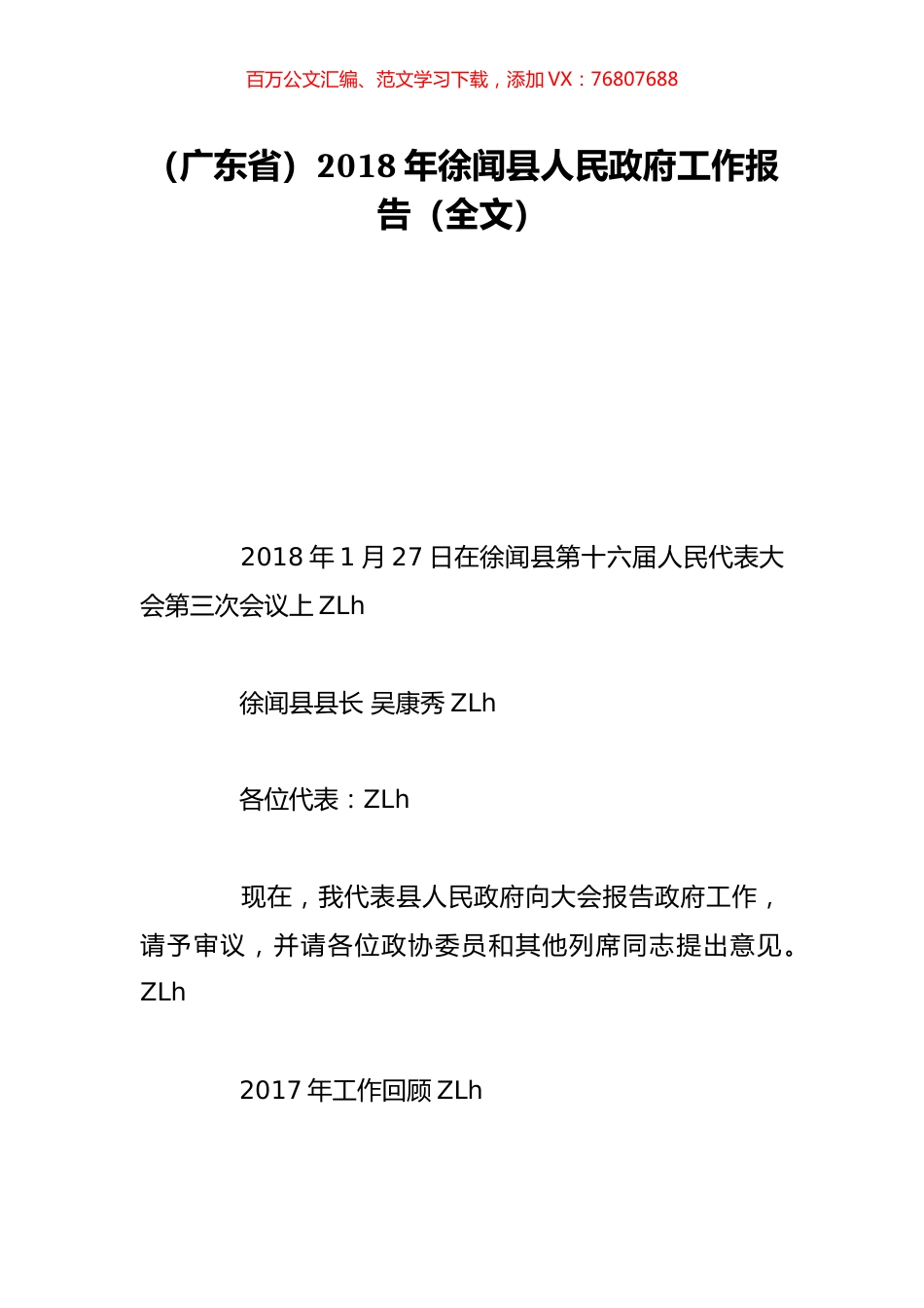 （广东省）2018年徐闻县人民政府工作报告（全文）.doc_第1页