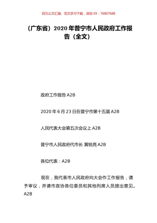 （广东省）2020年普宁市人民政府工作报告（全文）.doc