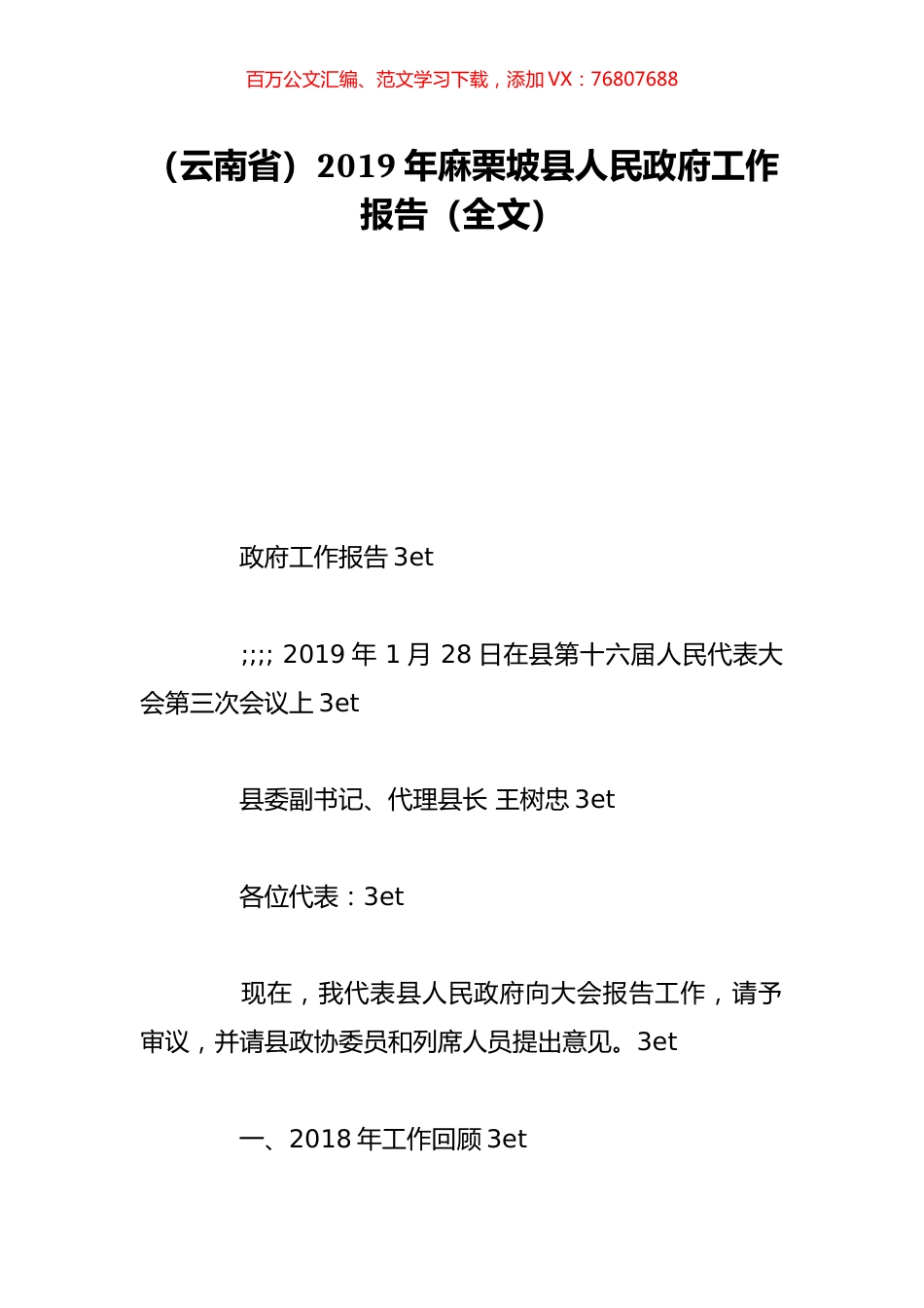 （云南省）2019年麻栗坡县人民政府工作报告（全文）.doc_第1页