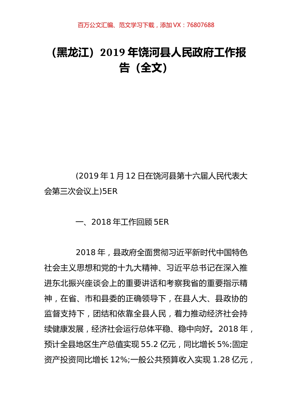 （黑龙江）2019年饶河县人民政府工作报告（全文）.doc_第1页