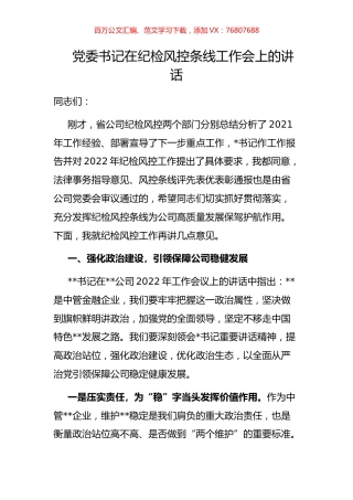 党委书记在纪检风控条线工作会上的讲话.docx