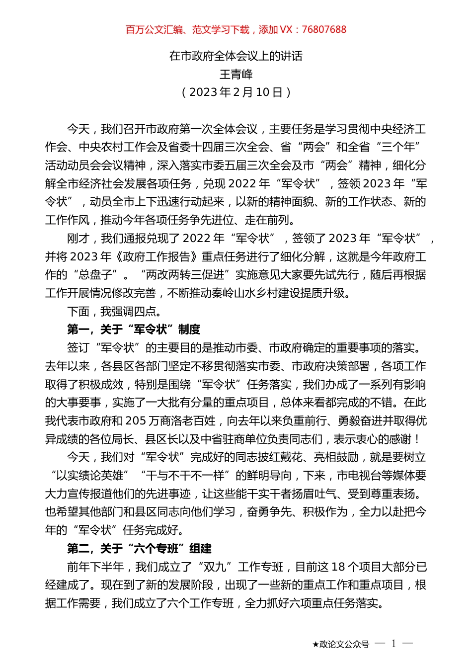 王青峰：在市政府全体会议上的讲话.doc_第1页