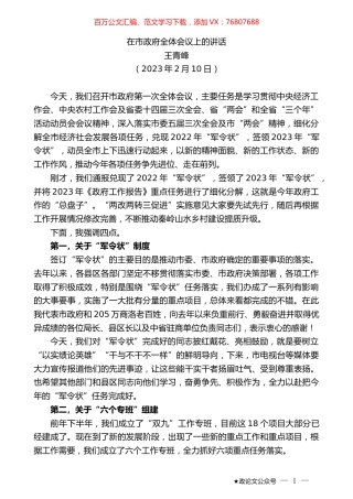 王青峰：在市政府全体会议上的讲话.doc