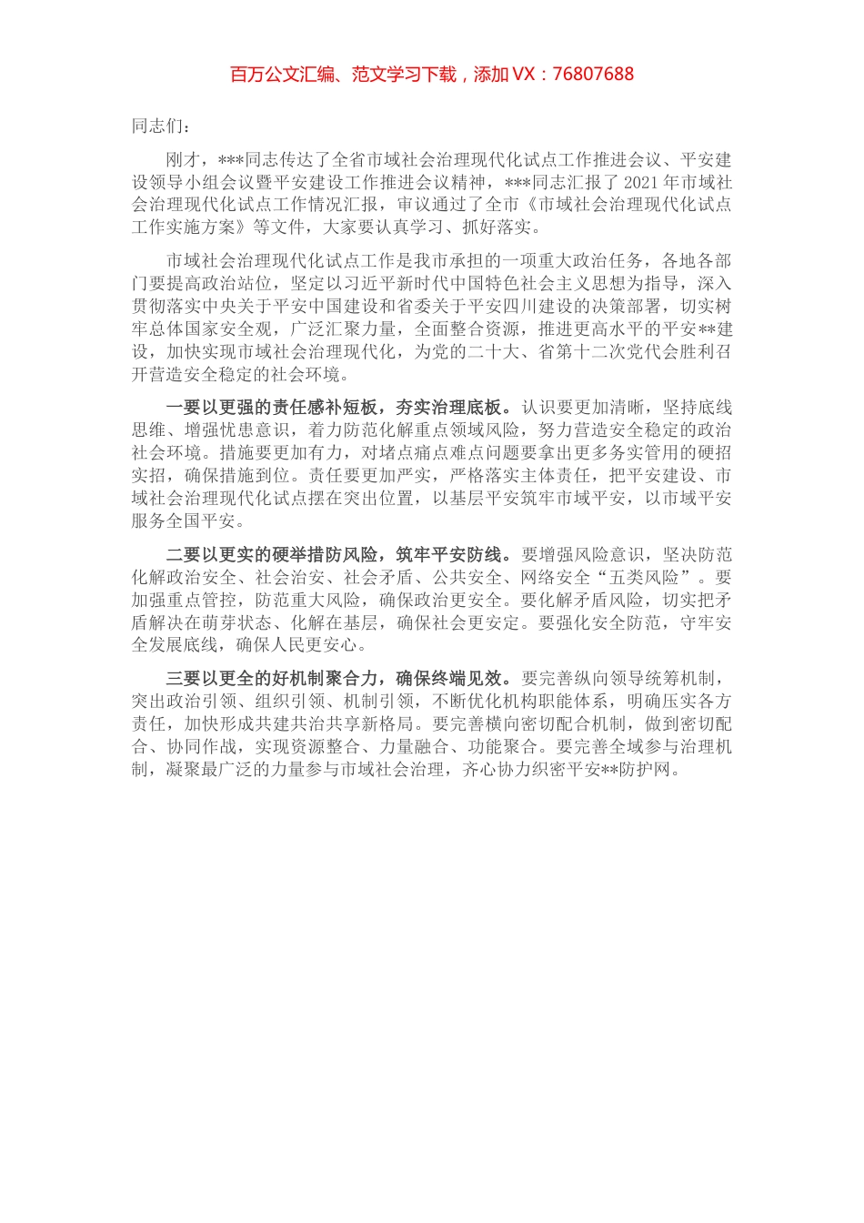 市域社会治理现代化试点工作领导小组会议总结讲话提纲.docx_第1页