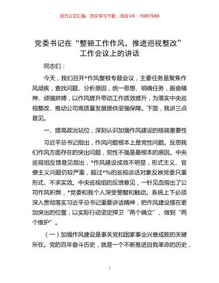 20221102党委书记在“整顿工作作风，推进巡视整改”工作会议上的讲话.docx