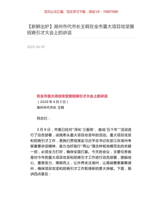 湖州市代市长王纲在全市重大项目攻坚暨招商引才大会上的讲话.docx