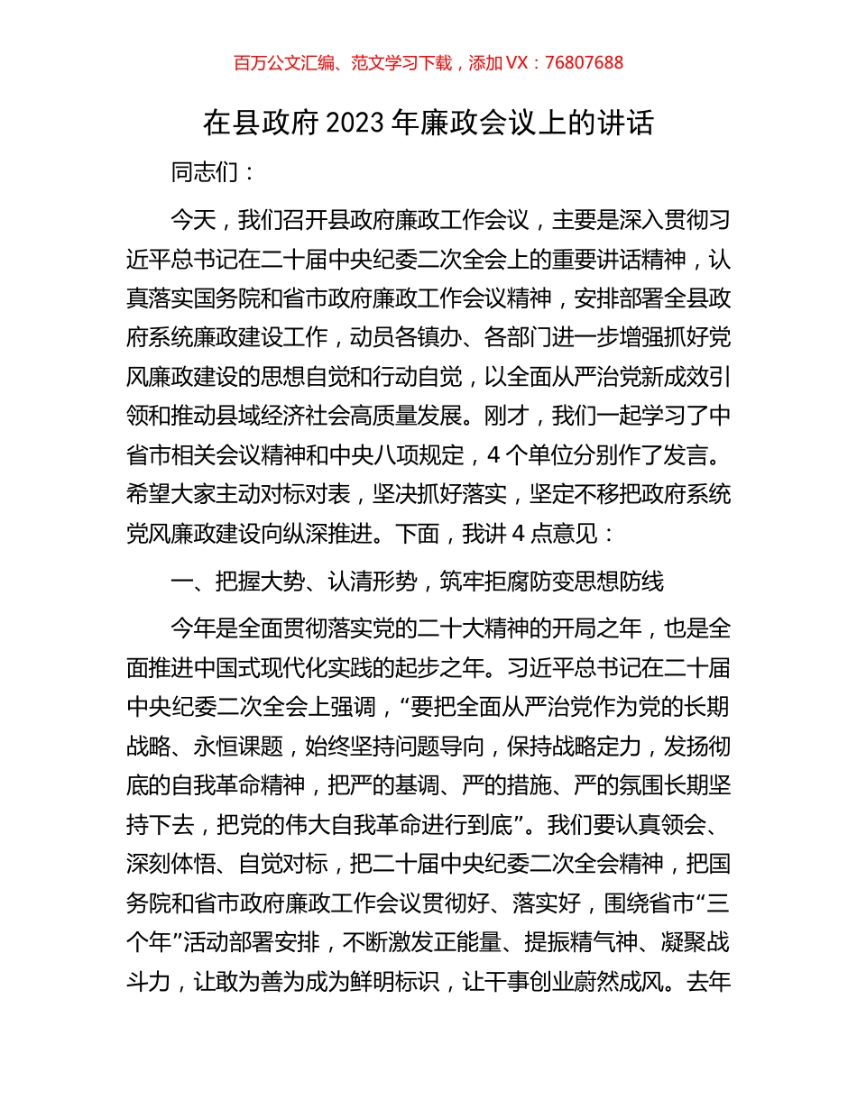 在县政府2023年廉政会议上的讲话.docx_第1页