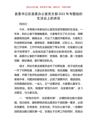 县委书记在县委办公室党支部2022年专题组织生活会上的讲话.docx