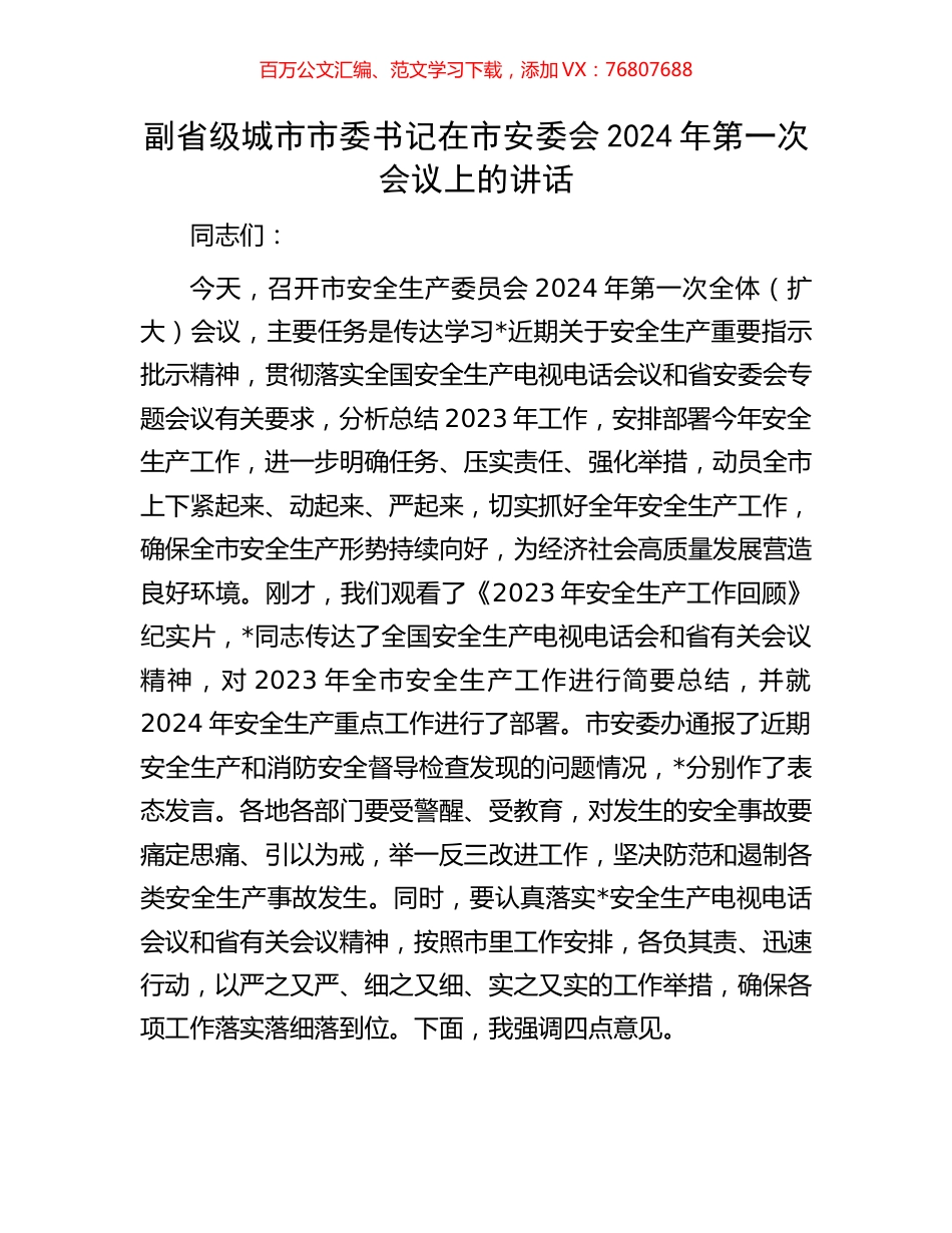 副省级城市市委书记在市安委会2024年第一次会议上的讲话.docx_第1页