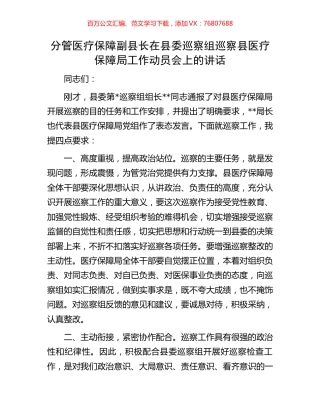 分管医疗保障副县长在县委巡察组巡察县医疗保障局工作动员会上的讲话.docx