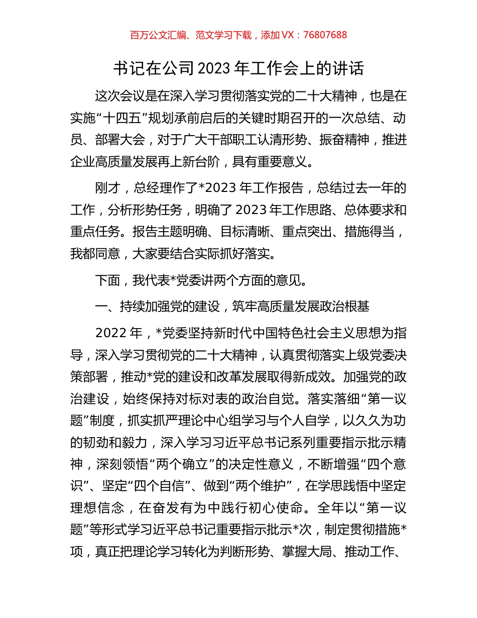 书记在公司2023年工作会上的讲话.docx_第1页