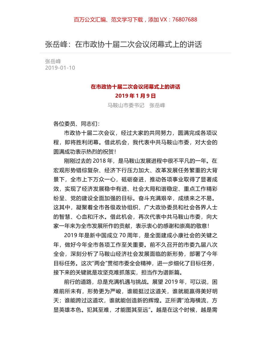 张岳峰：在市政协十届二次会议闭幕式上的讲话.docx_第1页