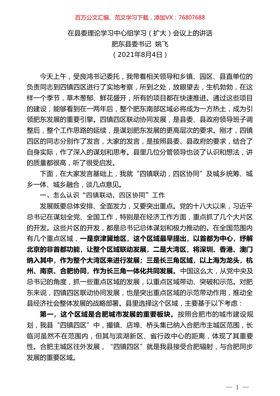 肥东县委书记姚飞：在县委理论学习中心组学习（扩大）会议上的讲话.doc_第1页