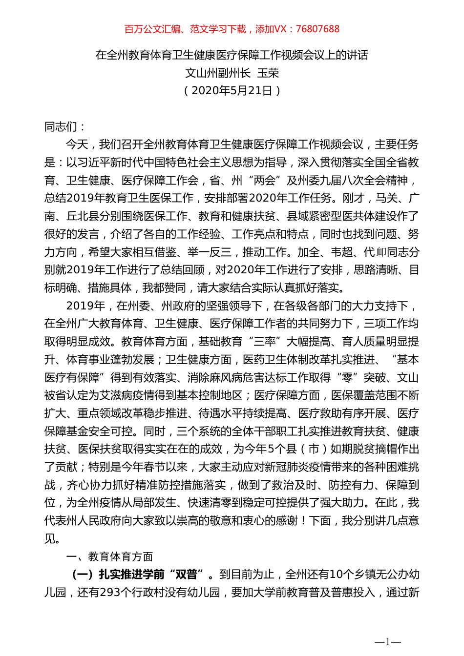 文山州副州长玉荣在全州教育体育卫生健康医疗保障工作视频会议上的讲话.doc_第1页