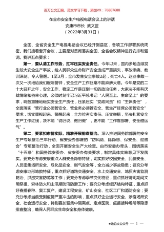 安康市市长武文罡：在全市安全生产电视电话会议上的讲话.doc