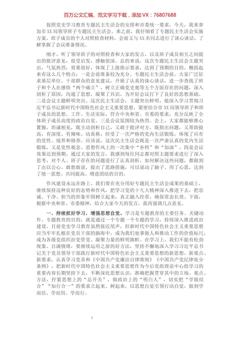 领导在局党史学习教育专题民主生活会上的讲话.docx_第1页