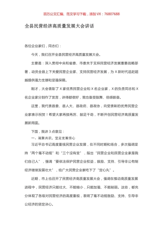 全县民营经济高质量发展大会讲话.docx