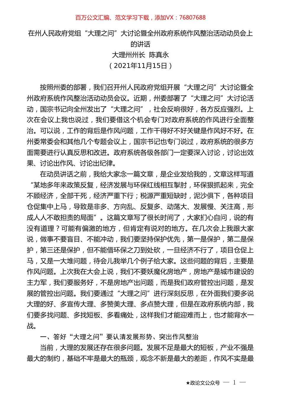 大理州州长陈真永：在州人民政府党组“大理之问”大讨论暨全州政府系统作风整治活动动员会上的讲话.doc_第1页