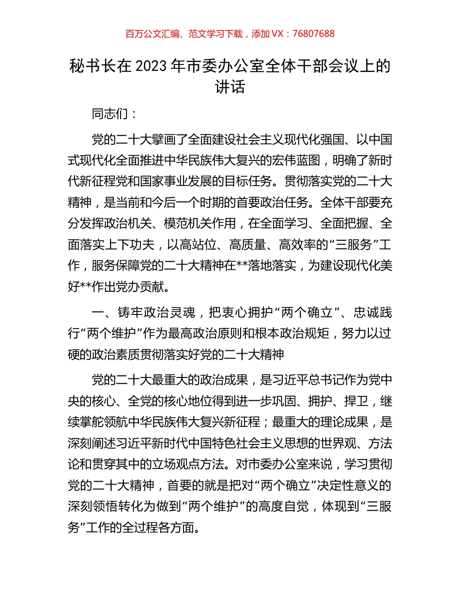 秘书长在2023年市委办公室全体干部会议上的讲话.docx_第1页