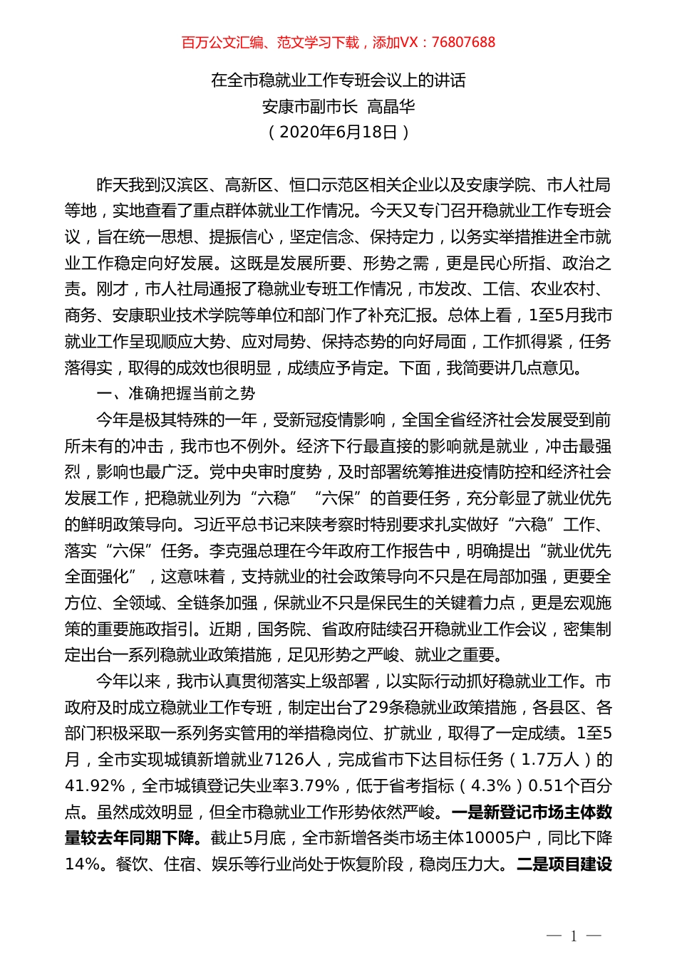 安康市副市长高晶华在全市稳就业工作专班会议上的讲话.doc_第1页