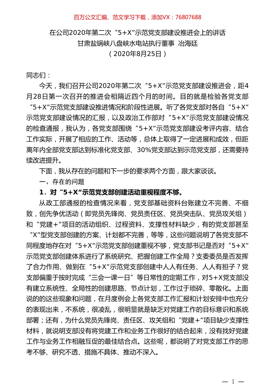 甘肃盐锅峡八盘峡水电站执行董事冶海廷：在公司2020年第二次“5+X”示范党支部建设推进会上的讲话.doc_第1页