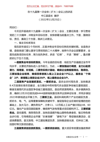 中江县县长魏宇：在十九届第一次全体（扩大）会议上的讲话（全会）.doc