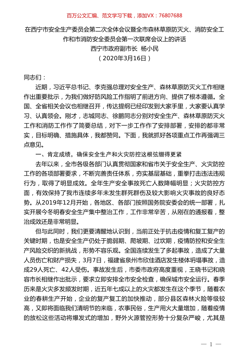 西宁市政府副市长杨小民在全市森林草原防灭火、消防安全工作和市消防安全委员会第一次联席会议上的讲话.doc_第1页