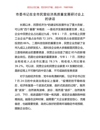 市委书记在全市民营经济高质量发展研讨会上的讲话.docx