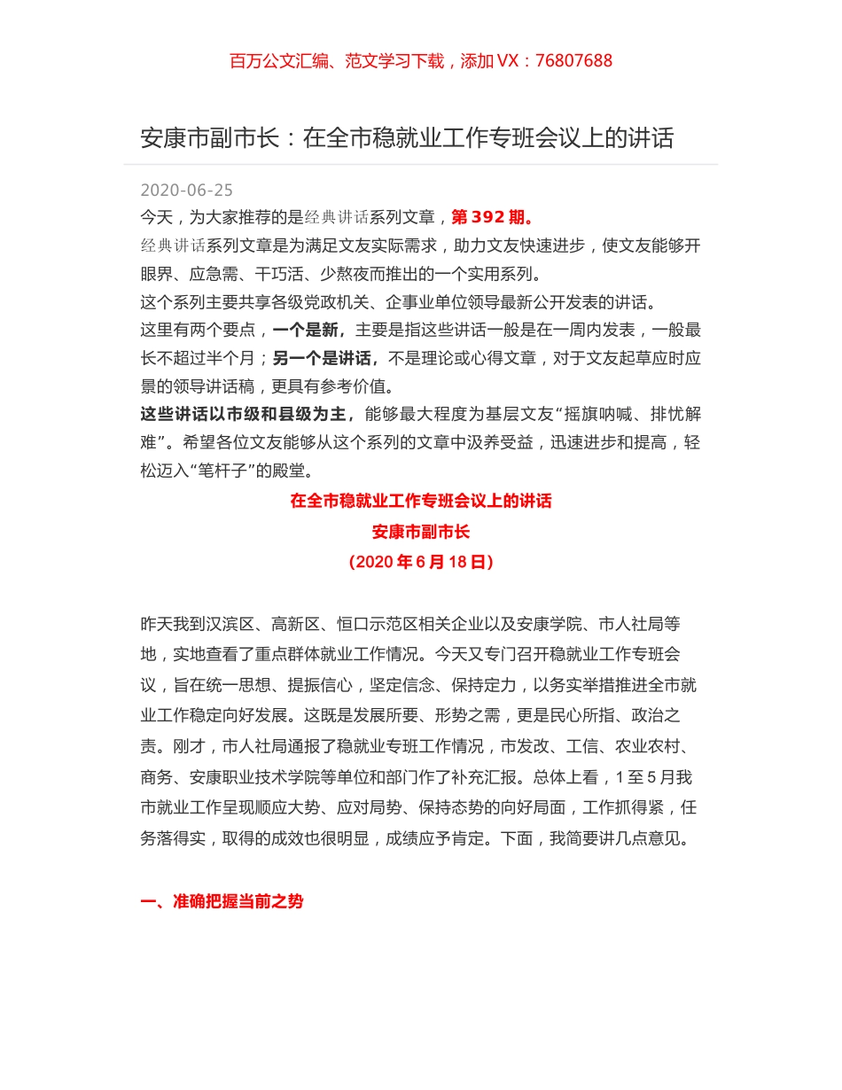 安康市副市长：在全市稳就业工作专班会议上的讲话.docx_第1页